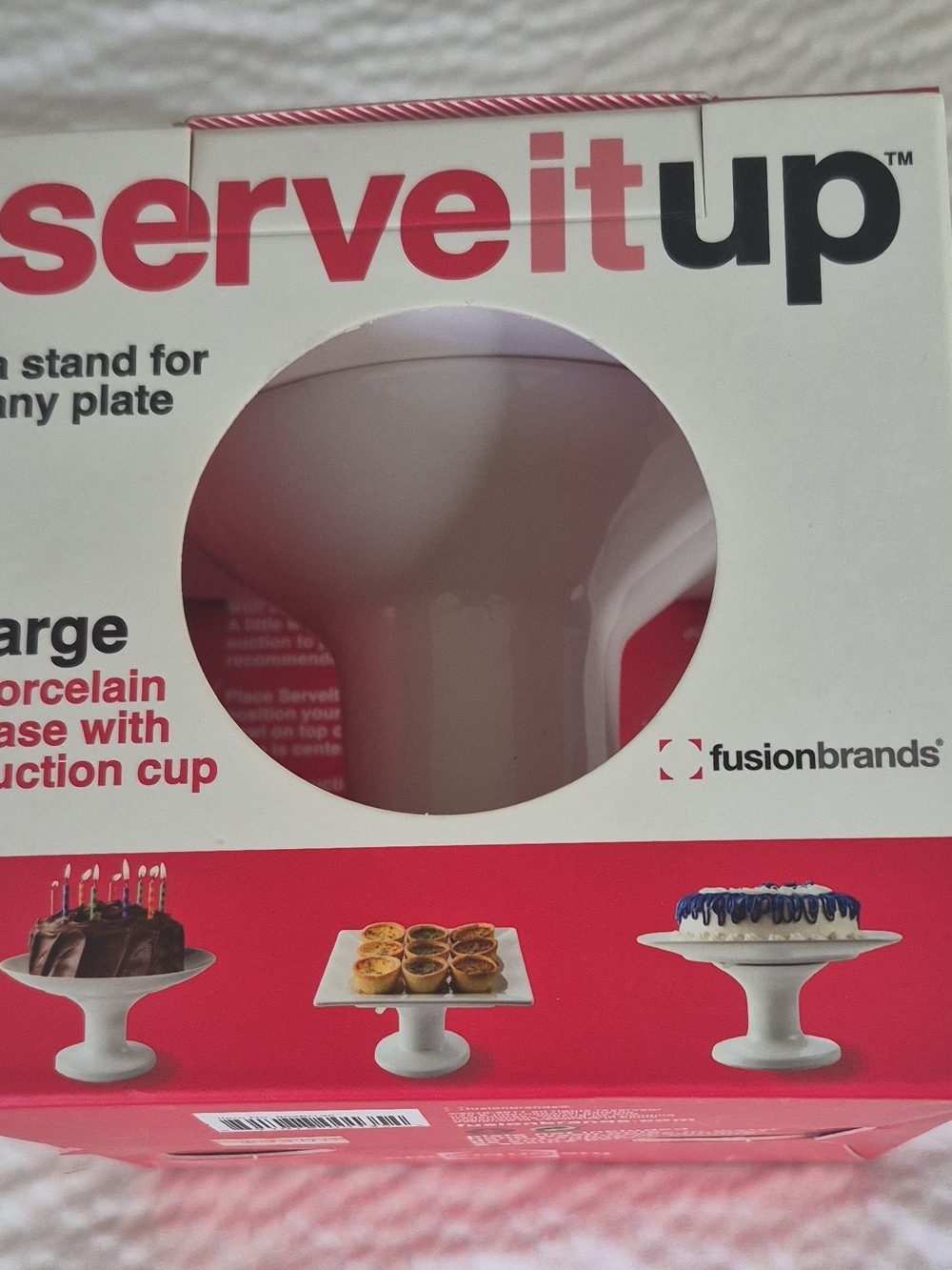 Fusionbrands Serve It Up Porcelain Cake Stand, White, Suction Cup, 5in